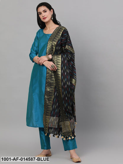 Royal Blue Solid Kurta Set With Ikat Woven Dupatta Orchids Boutique