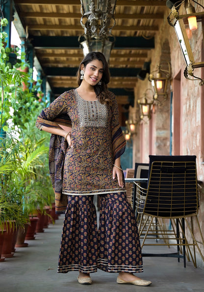 Rust And Navy Blue Floral Zari_Work Kurta Sharara With Dupatta Set-Yufta Store-1760SKDBKS