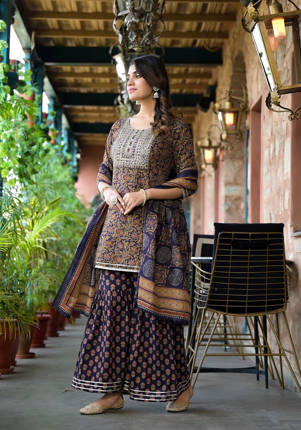 Rust And Navy Blue Floral Zari_Work Kurta Sharara With Dupatta Set-Yufta Store-1760SKDBKS