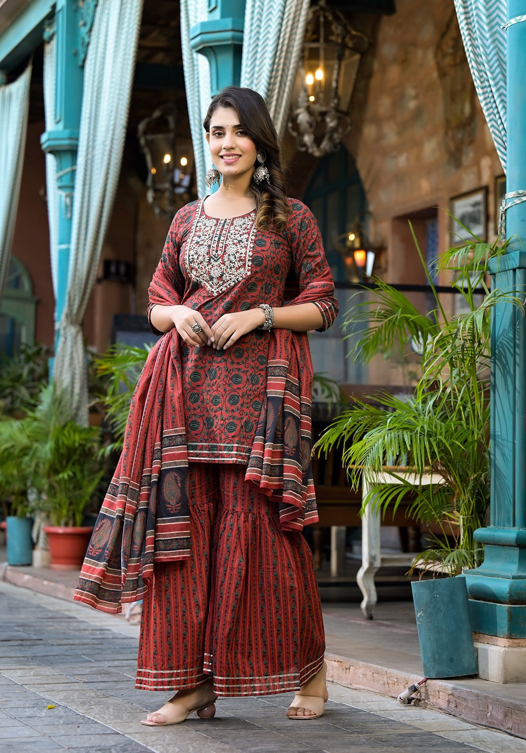 Rust Ethnic Motifs Dori_Embroidery Kurta Sharara With Dupatta Set-Yufta Store-1741SKDRTS