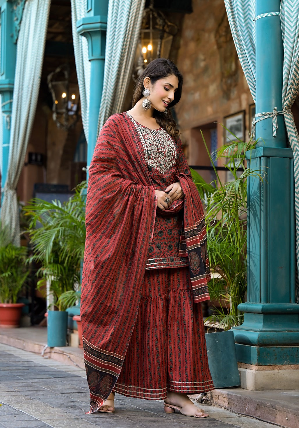 Rust Ethnic Motifs Dori_Embroidery Kurta Sharara With Dupatta Set-Yufta Store-1741SKDRTS