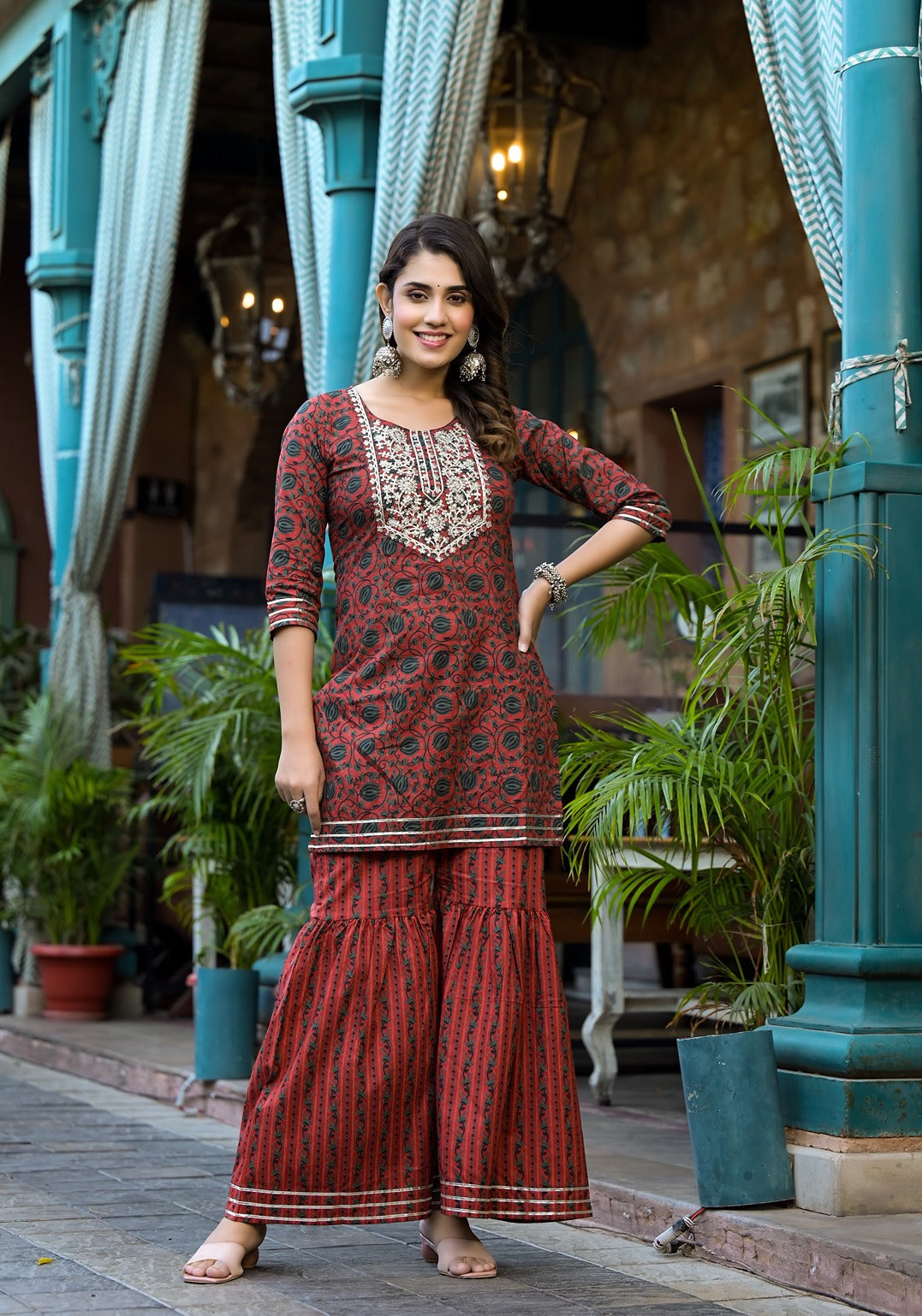 Rust Ethnic Motifs Dori_Embroidery Kurta Sharara With Dupatta Set-Yufta Store-1741SKDRTS