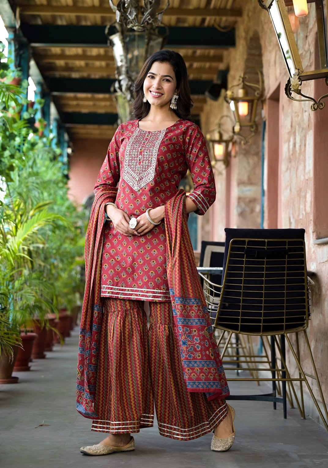 Rust Floral Sequins_Work Kurta Sharara With Dupatta Set-Yufta Store-1787SKDRTS