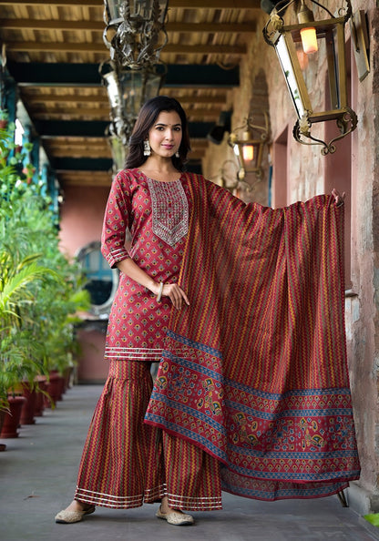 Rust Floral Sequins_Work Kurta Sharara With Dupatta Set-Yufta Store-1787SKDRTS