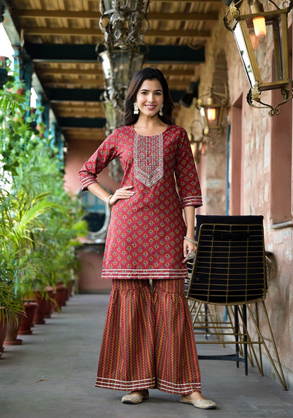 Rust Floral Sequins_Work Kurta Sharara With Dupatta Set-Yufta Store-1787SKDRTS