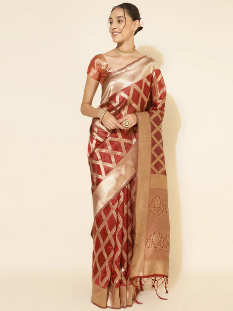 Maroon Organza Saree with Unstitched Blouse Piece