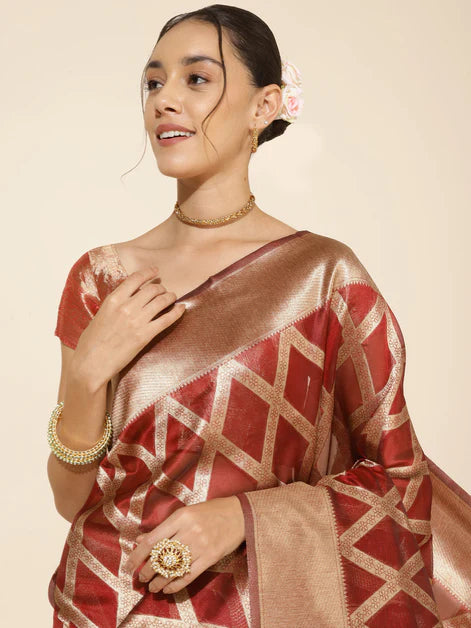 Maroon Organza Saree with Unstitched Blouse Piece