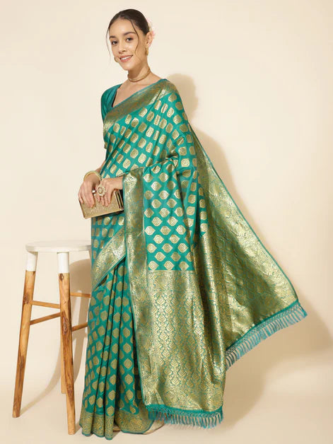 Rama Green Banarasi Silk Ethnic Motifs Saree with Unstitched Blouse Piece