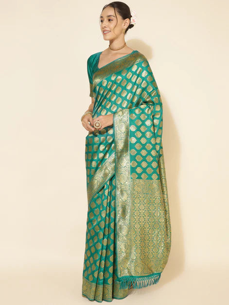 Rama Green Banarasi Silk Ethnic Motifs Saree with Unstitched Blouse Piece