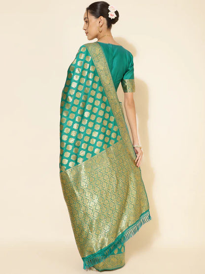 Rama Green Banarasi Silk Ethnic Motifs Saree with Unstitched Blouse Piece