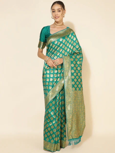 Rama Green Banarasi Silk Ethnic Motifs Saree with Unstitched Blouse Piece