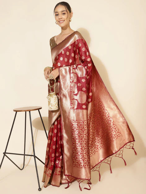 Maroon Organza Woven Ethnic Motifs Saree with Unstitched Blouse Piece