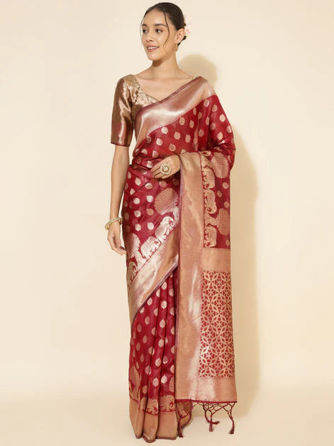 Maroon Organza Woven Ethnic Motifs Saree with Unstitched Blouse Piece