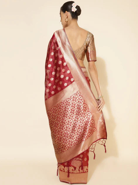 Maroon Organza Woven Ethnic Motifs Saree with Unstitched Blouse Piece