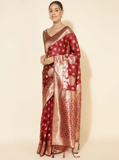 Maroon Organza Woven Ethnic Motifs Saree with Unstitched Blouse Piece