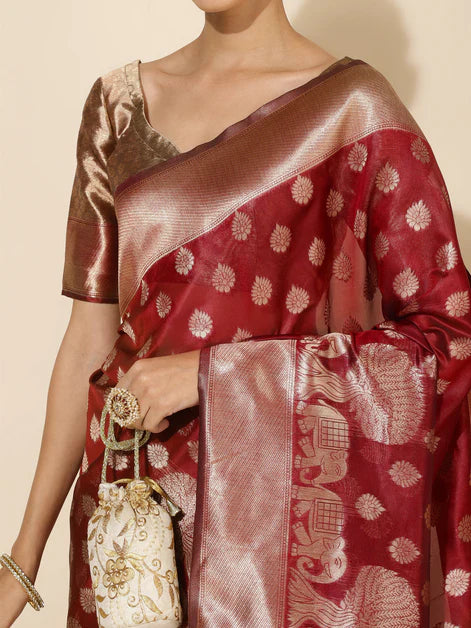 Maroon Organza Woven Ethnic Motifs Saree with Unstitched Blouse Piece