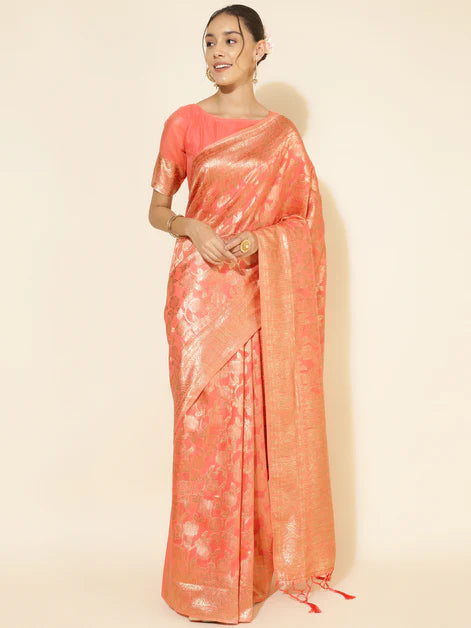 Peach Chanderi Silk Floral Saree with Unstitched Blouse Piece