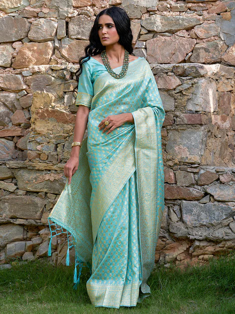 Sea Green Chanderi Silk Paisley Saree with Unstitched Blouse Piece