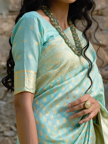 Sea Green Chanderi Silk Paisley Saree with Unstitched Blouse Piece