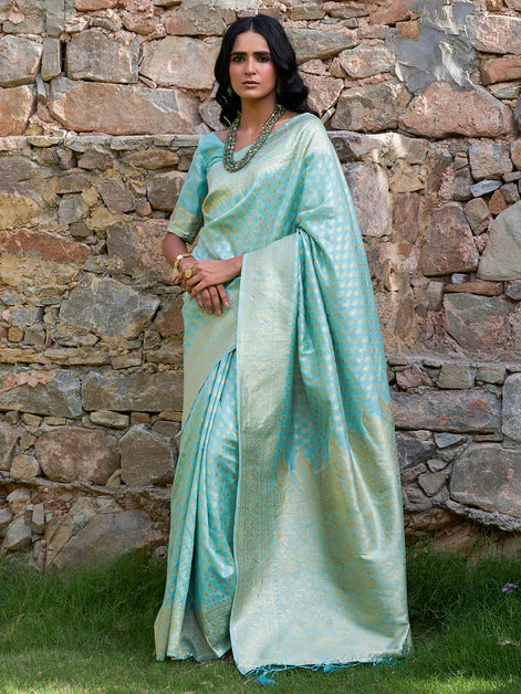 Sea Green Chanderi Silk Paisley Saree with Unstitched Blouse Piece