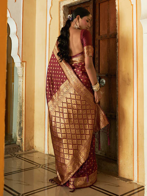 Maroon Banarasi Silk Woven Ethnic Motifs Saree with Unstitched Blouse Piece