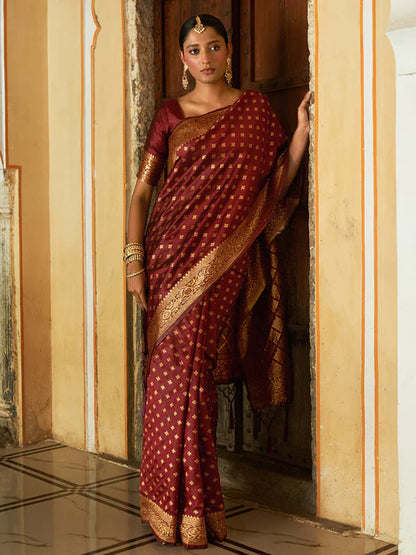 Maroon Banarasi Silk Woven Ethnic Motifs Saree with Unstitched Blouse Piece