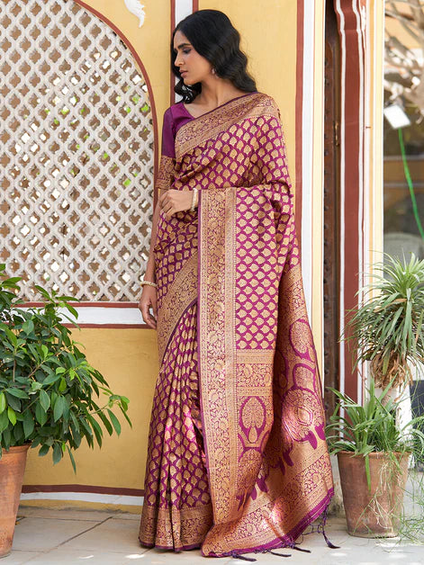 Wine Banarasi Silk Woven Ethnic Motifs Saree with Unstitched Blouse Piece