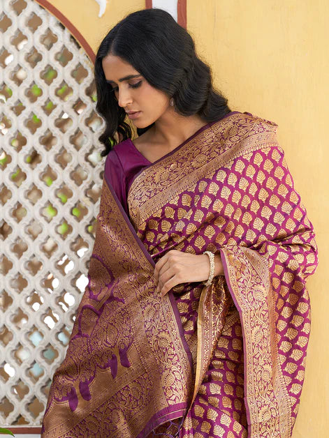 Wine Banarasi Silk Woven Ethnic Motifs Saree with Unstitched Blouse Piece