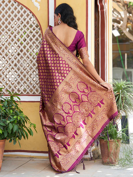 Wine Banarasi Silk Woven Ethnic Motifs Saree with Unstitched Blouse Piece