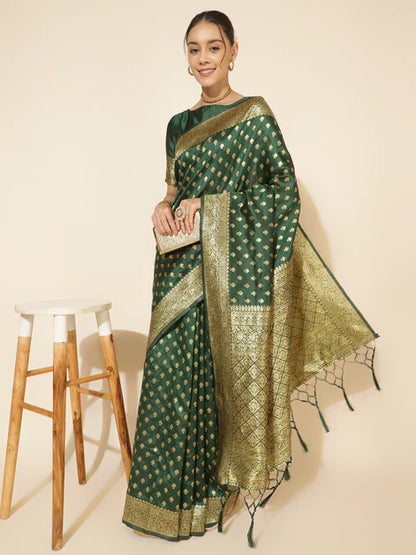 Green Banarasi Silk Ethnic Motifs Saree with Unstitched Blouse Piece