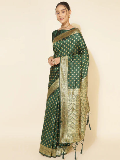 Green Banarasi Silk Ethnic Motifs Saree with Unstitched Blouse Piece