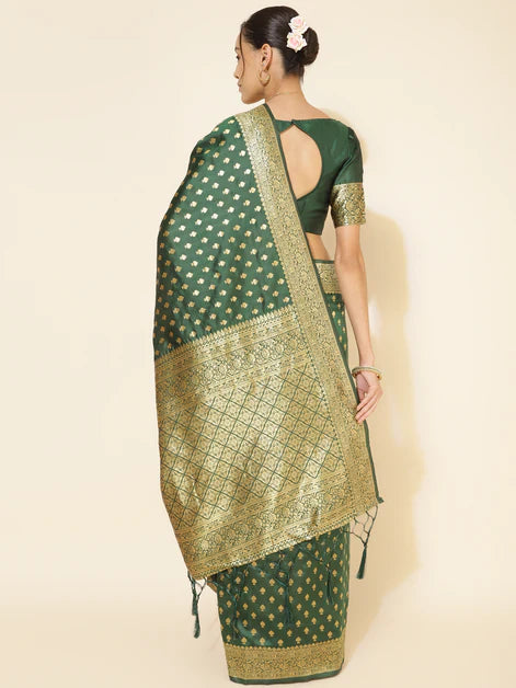 Green Banarasi Silk Ethnic Motifs Saree with Unstitched Blouse Piece