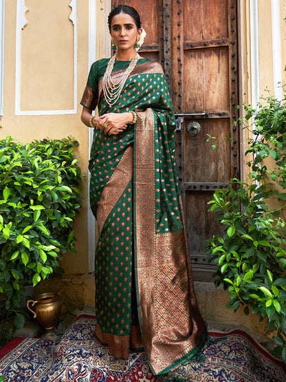 Green Banarasi Silk Ethnic Motifs Saree with Unstitched Blouse Piece