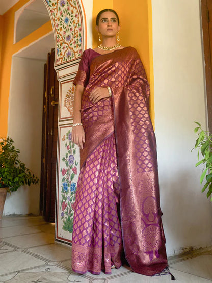 Wine Banarasi Silk Woven Ethnic Motifs Saree with Unstitched Blouse Piece