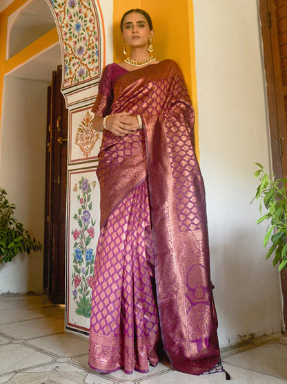 Wine Banarasi Silk Woven Ethnic Motifs Saree with Unstitched Blouse Piece