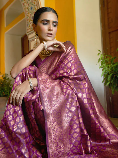 Wine Banarasi Silk Woven Ethnic Motifs Saree with Unstitched Blouse Piece