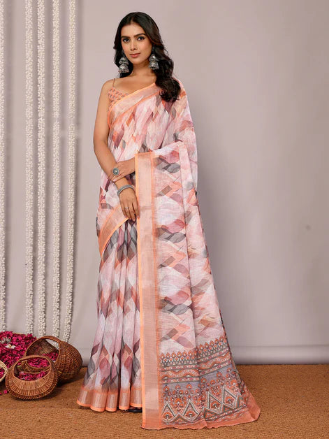 Peach Cotton Linen Abstract Printed Daily Wear Saree with Blouse Piece