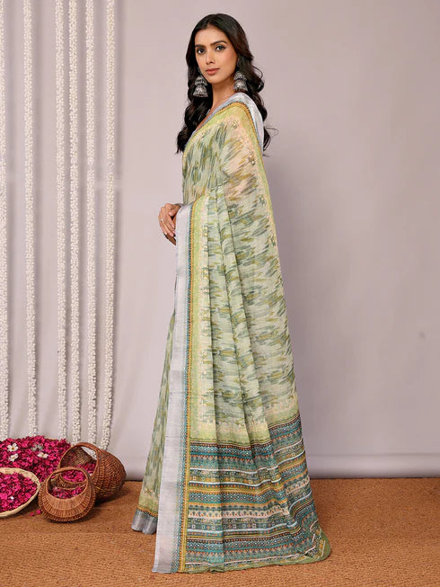 Sage Green Cotton Linen Abstract Printed Daily Wear Saree with Blouse Piece