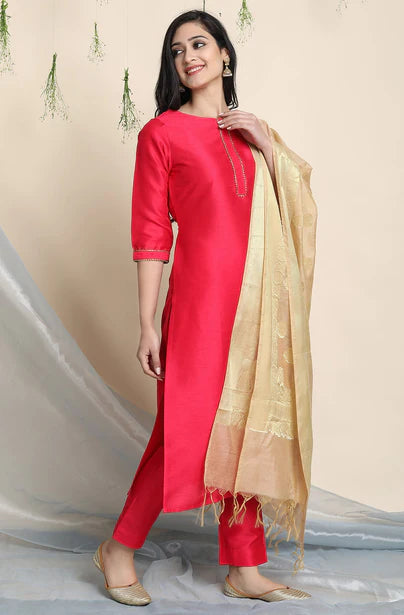 Pink Poly Silk Solid Kurta with Pant and Dupatta