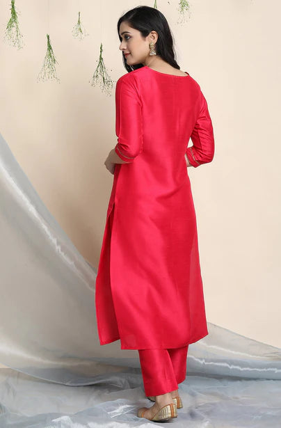 Pink Poly Silk Solid Kurta with Pant and Dupatta