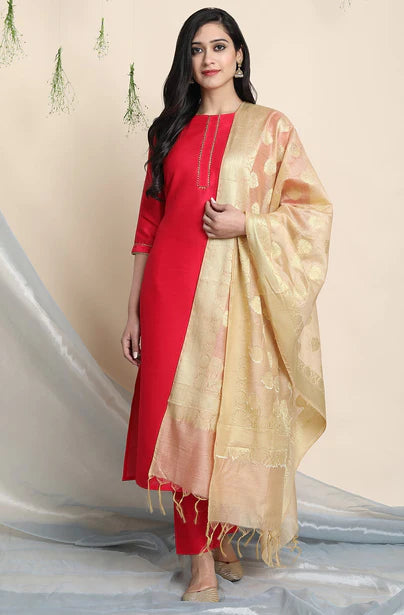 Pink Poly Silk Solid Kurta with Pant and Dupatta