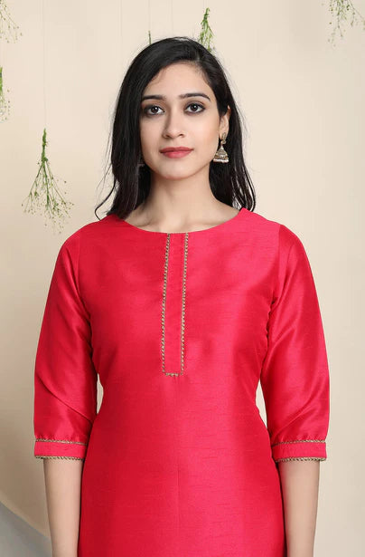 Pink Poly Silk Solid Kurta with Pant and Dupatta