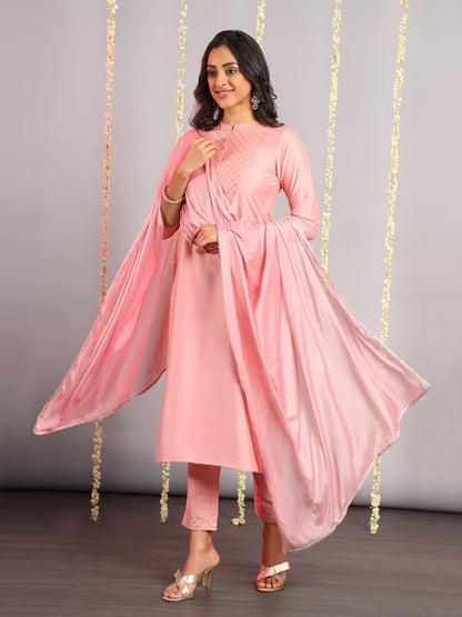 Pink Poly Silk Floral Print Kurta with Pant and Dupatta