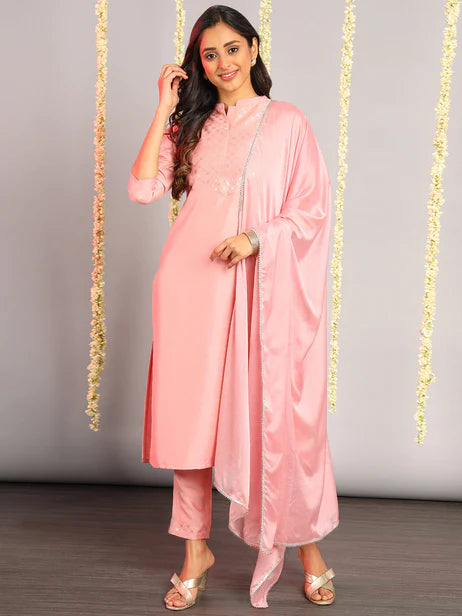 Pink Poly Silk Floral Print Kurta with Pant and Dupatta