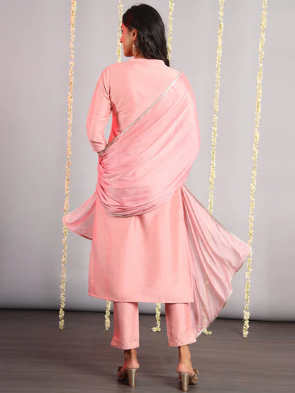 Pink Poly Silk Floral Print Kurta with Pant and Dupatta