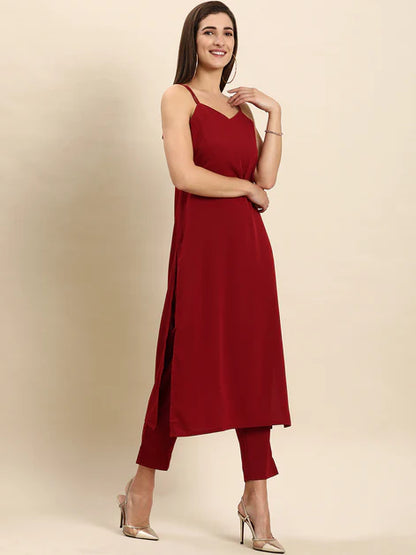 Maroon Poly Crepe Solid Kurta with Pant and Dupatta