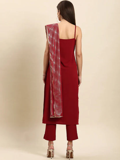 Maroon Poly Crepe Solid Kurta with Pant and Dupatta