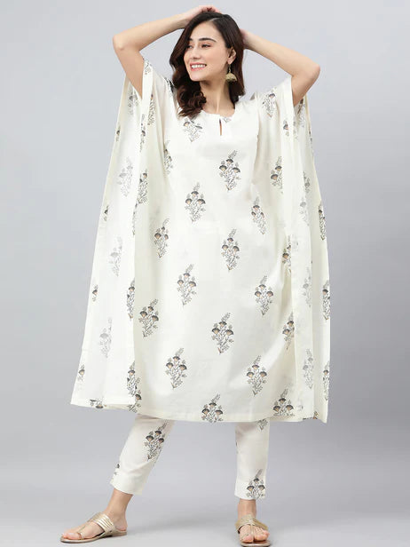 Cream Cotton Floral Print Kaftan with Pant