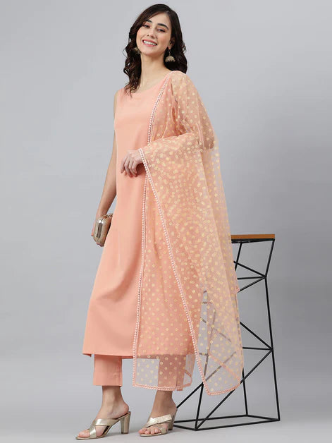 Peach Poly Crepe Solid Kurta with Pant and Dupatta