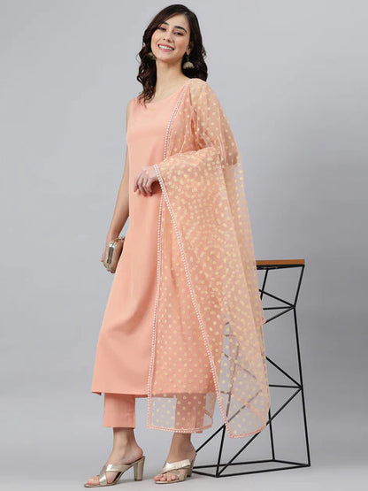 Peach Poly Crepe Solid Kurta with Pant and Dupatta